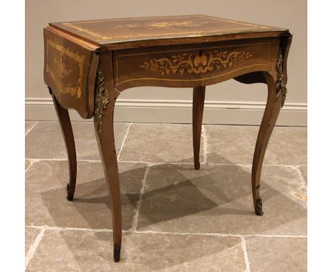 A French Louis XV style kingwood and marquetry sofa table, early 20th century, the quarter veneered drop leaf top centred wit