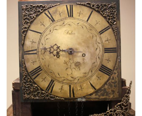 A mid 18th century oak cased thirty hour longcase clock, signed Foden, the 28cm square brass dial set with a single hand, sig