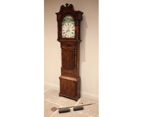 A 19th century oak and mahogany cased longcase clock signed Hurt and Wray Birmingham, the twin swan neck hood with ring turne