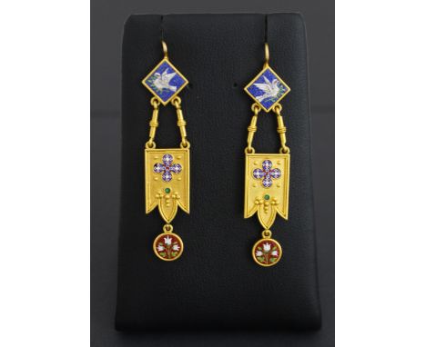 A pair of 19th century micro mosaic earrings, the diamond shaped panel depicting Dove of Peace suspending a pennant panel and