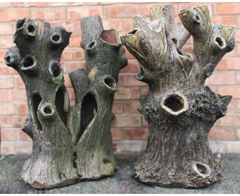A three branch salt glazed trunk planter, modelled as a naturalistic tree trunk, with multiple planting apertures, along with
