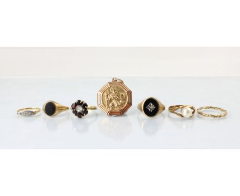 A selection of jewellery, including a 9ct rose gold 'St Christopher' pendant, 3cm long, an Edwardian style diamond ring, stam