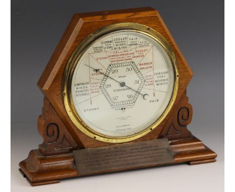 A Short & Mason oak cased Art Deco 'Stormoguide' desk aneroid barometer, retailed by John Bruce & Sons, Liverpool, the hexago