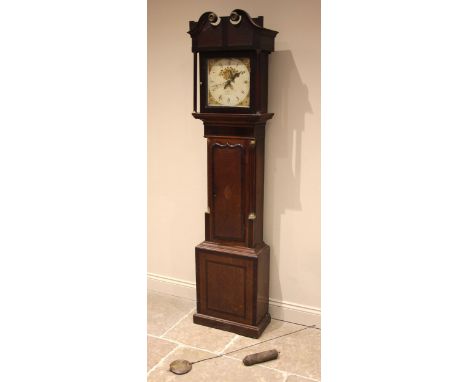 A George III oak cased thirty hour longcase clock, indistinctly signed John Jones, the hood with a twin swan neck pediment ov