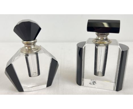 2 Art Deco design black and clear glass perfume bottles. With stick daubers to interior of screw on lids. Tallest approx. 10c