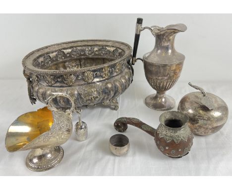 A collection of assorted vintage silver plated items. To include hinge lidded water jug and a large oval shaped planter with 