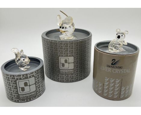 3 boxed vintage Swarovski crystal animal figures. Small Squirrel Art. 7662 NR042 000, small Koala, Art. 7673 NR 40 and a larg