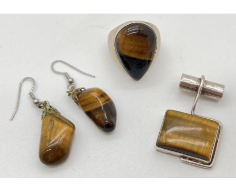 2 pieces of modern design tigers eye set jewellery - a pendant and ring. Together with a pair of vintage tigers eye stone dro