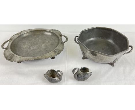 4 vintage items of pewter. 2 Art Deco 2 handled dishes with hammered effect together with 2 small swan dishes marked 'Verit N