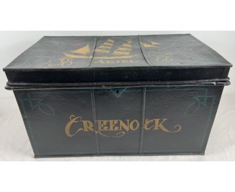 A vintage 2 handled tin carry trunk with later painted ship design. For 'Ariel' the Clipper ship part of The Great Tea Race o