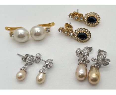 4 pairs of stone set and faux pearl drop style vintage costume jewellery earrings in both silver tone and gold tone finish. 