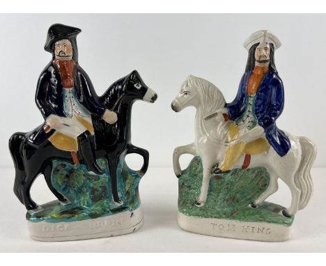 2 vintage Staffordshire flat back style figures. "Dick Turpin" and "Tom King". Each figure approx. 29cm tall. Tom King figure