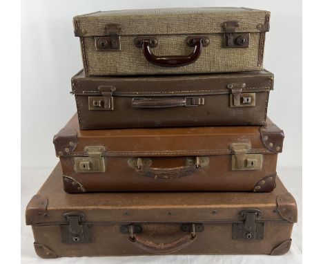4 vintage suitcases of various sizes. To include 2 with leather handles and corners and smaller case with bakelite handle. La