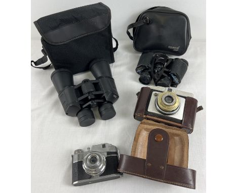 2 vintage pairs of binoculars together with 2 cameras. Binoculars - a pair of Tasco Zip 8 x 30mm binoculars together with a m