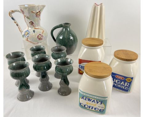 A box of assorted vintage &amp; modern ceramics to include a set of 3 vintage style storage jars. Lot also includes Arthurs W