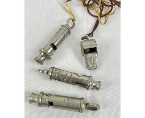 4 vintage whistles; 3 by Acme. To include a J. Hudson &amp; Co, Birmingham, WWII military issue whistle with War dept arrow m