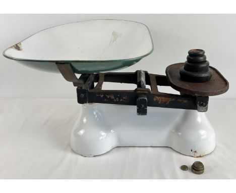 A large vintage 1940's set of enamel scales complete with weights and enamel pan. With remnants of original transfer label an