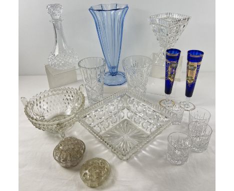 A box of vintage and more modern clear and coloured cut &amp; pressed glass items. To include: decanter and 4 cut glass whisk