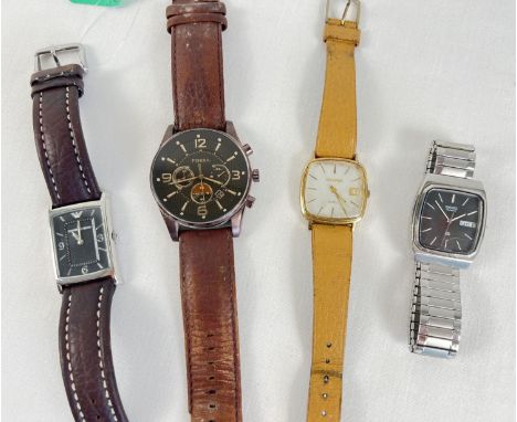 4 men's branded and designer wristwatches. Comprising: Seiko, Quartz, Emporio Armani with leather strap, vintage Sekonda with