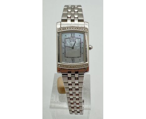 A ladies G670-5043328 mother of pearl faced Eco-Drive wristwatch by Citizen. Stainless steel strap and crystal set case. In w
