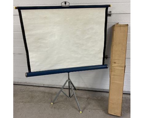 A vintage boxed Dixon Atlantic projector screen, approx. 38" width. With extending tripod feet.