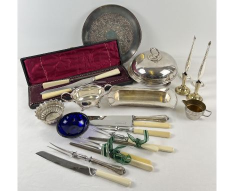 A box of assorted vintage silver plated table items and cutlery. To include: early 20th century Elkington plate lidded warmin