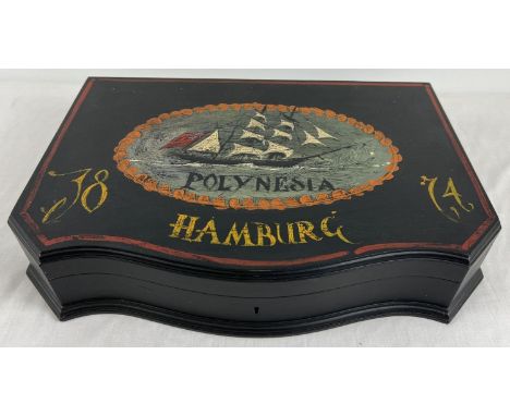 A vintage wooden cutlery box with later painted ship detail. For the Polynesia setting sail from Hamburg in 1874. Curve front