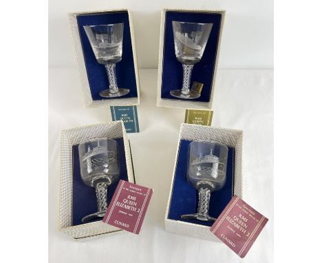 4 boxed vintage Stuart Crystal Cunard ship Goblets with twist stems. Comprising: R.M.S. Queen Elizabeth, R.M.S. Queen Mary an