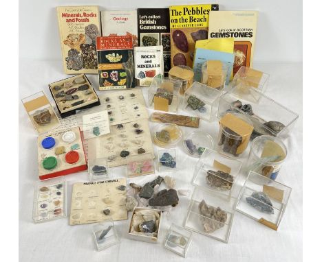 A collection of mineral and rock specimens and related books. Lot includes: sample cards and samples of Darby Opal, Rhodochro