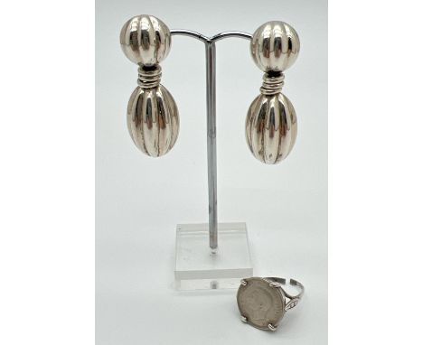 2 items of vintage silver jewellery. A pair of 1980's style drop earrings together with a signet ring made from a George VI 1