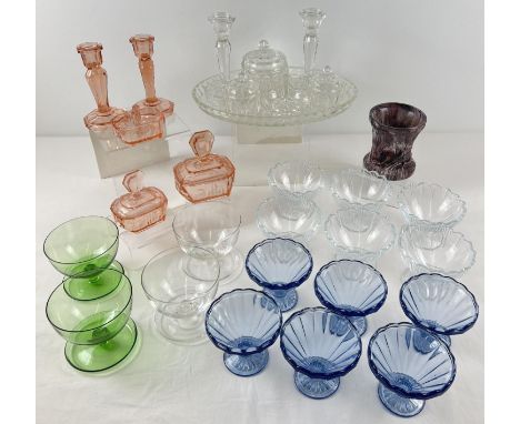 A collection of assorted vintage clear &amp; coloured glass to include dressing table sets &amp; stemmed fruit bowls. 