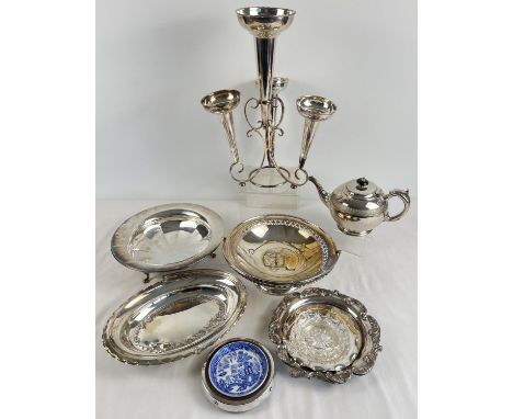 A quantity of assorted vintage silver plated table ware items. To include: epergne centrepiece with 4 trumpet vases, swing ha