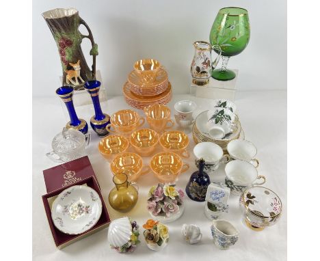 A box of assorted vintage ceramic and glass tea sets and ornaments. To include: Anchor Hocking 'Fire-King' orange lustre glas