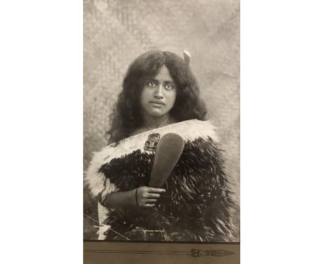 New Zealand Maori photograph - entitled ? A Maori Belle ?, it shows a young woman wearing tradition dress wearing a Jade Hei 