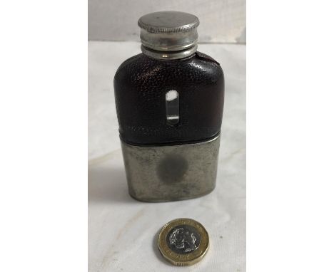Hip flask - a James Dixon &amp; Sons , Sheffield 1/16 pint pewter and leather hipflask with removable lower cup, 3 1/2 in ( 8