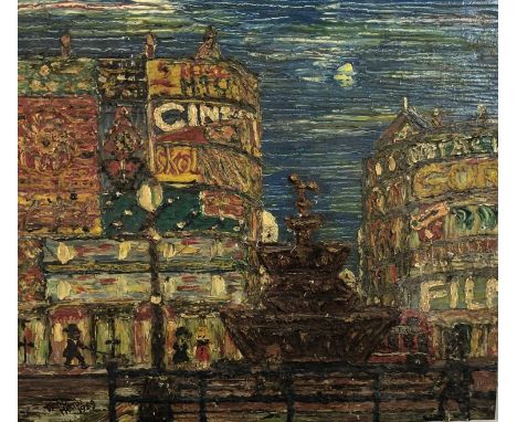 David Martin XX Social History Heavy Oil on board Piccadilly Circus with statue of Eros before the large electric light adver