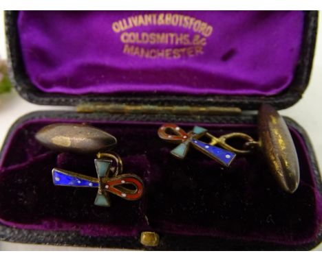 Unusual cufflinks etc.- a pair of polychrome enamel decorated cufflinks in the form of the Egyptian Hieroglyph ? Anch? togeth