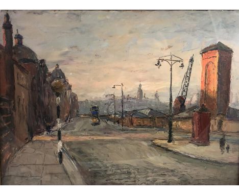 Piero Sansalvadore (1892-1955)Oil on panel? Glasgow : Sunset in Govan Road ? ( Scotland )Signed lower right and has pokerwork
