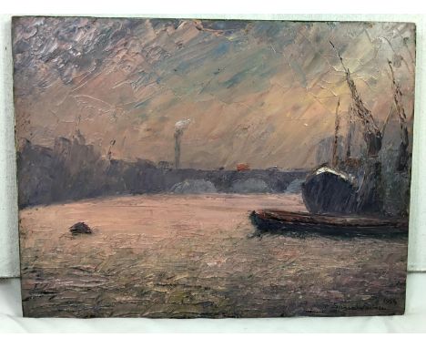 Piero Sansalvadore (1892-1955)Oil on panel ?London Twilight on London Bridge ?Signed and dated ?1954? lower right, bears poke