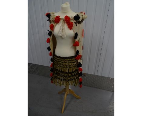 Maori Costume Clothing : A Maori Flax Harakeke Piupiu Dance Skirt with natural plaited belt together with a Korowai type of c