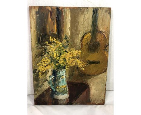 Piero Sansalvadore (1892-1955)Oil on panel Still life of yellow flowers with a guitarMarked ?14? in pencil verso11 1/4 x 8 1/