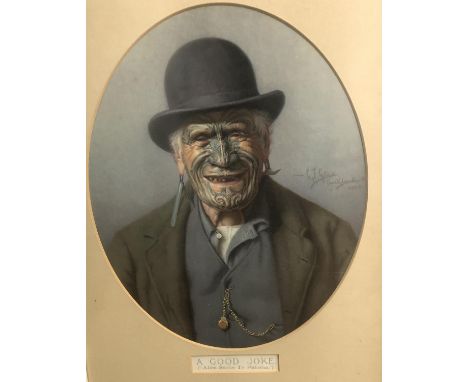 After Charles Frederick Goldie (1870-1947) New Zealand Coloured oval tondo Chromolithograph?A Good Joke (? Allee Same Te Pake