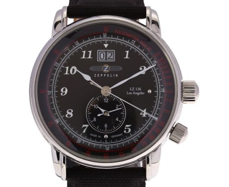 ZEPPELIN - a stainless steel LZ126 Los Angeles Dual Time quartz calendar wristwatch, ref. 8644-4, black dial with luminous Ar