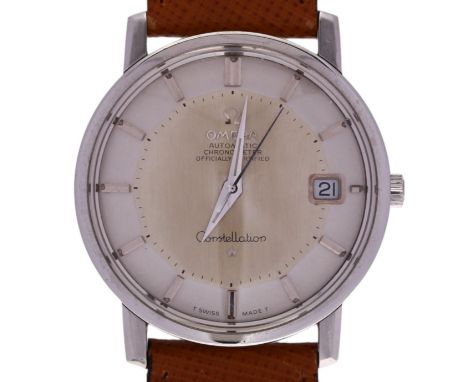 OMEGA - a stainless steel Constellation automatic calendar wristwatch, ref. 168.010, circa 1967, silvered pie-pan dial with a