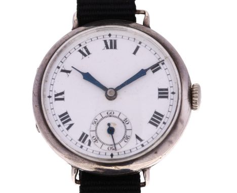 An early 20th century silver Officer's style trench mechanical wristwatch, circa 1927, white enamel dial with Roman numeral h