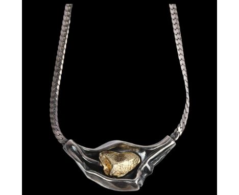 NIELS ERIK FROM - a Danish modernist oxidised and gilt sterling silver abstract fold collar necklace, 41cm, 16.3gNo damage or