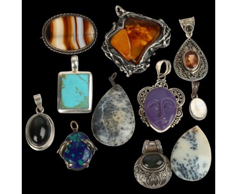 A quantity of silver gem set pendants, including dendrite, banded agate, amber etcLot sold as seen unless specific item(s) re