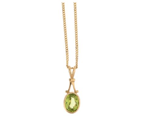 A modern 9ct gold peridot pendant necklace, rub-over set with oval mixed-cut peridot on 9ct fine curb link chain, pendant 19.