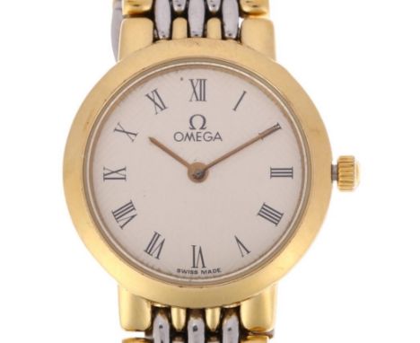 OMEGA - a lady's gold plated stainless steel De Ville quartz bracelet watch, ref. 795.0897, silvered chevron dial with Roman 