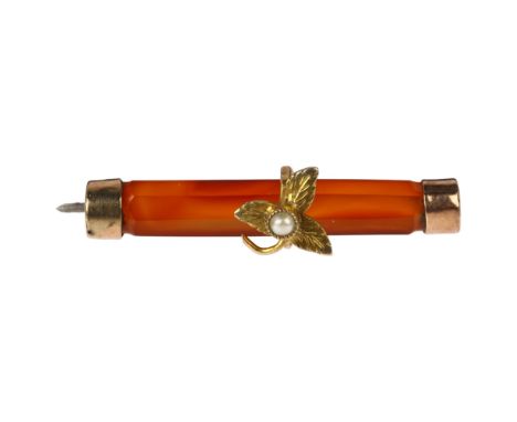 A Victorian carnelian and pearl bar brooch, central floral motif with faceted agate bar, apparently unmarked, 35.6mm, 3.4gNo 